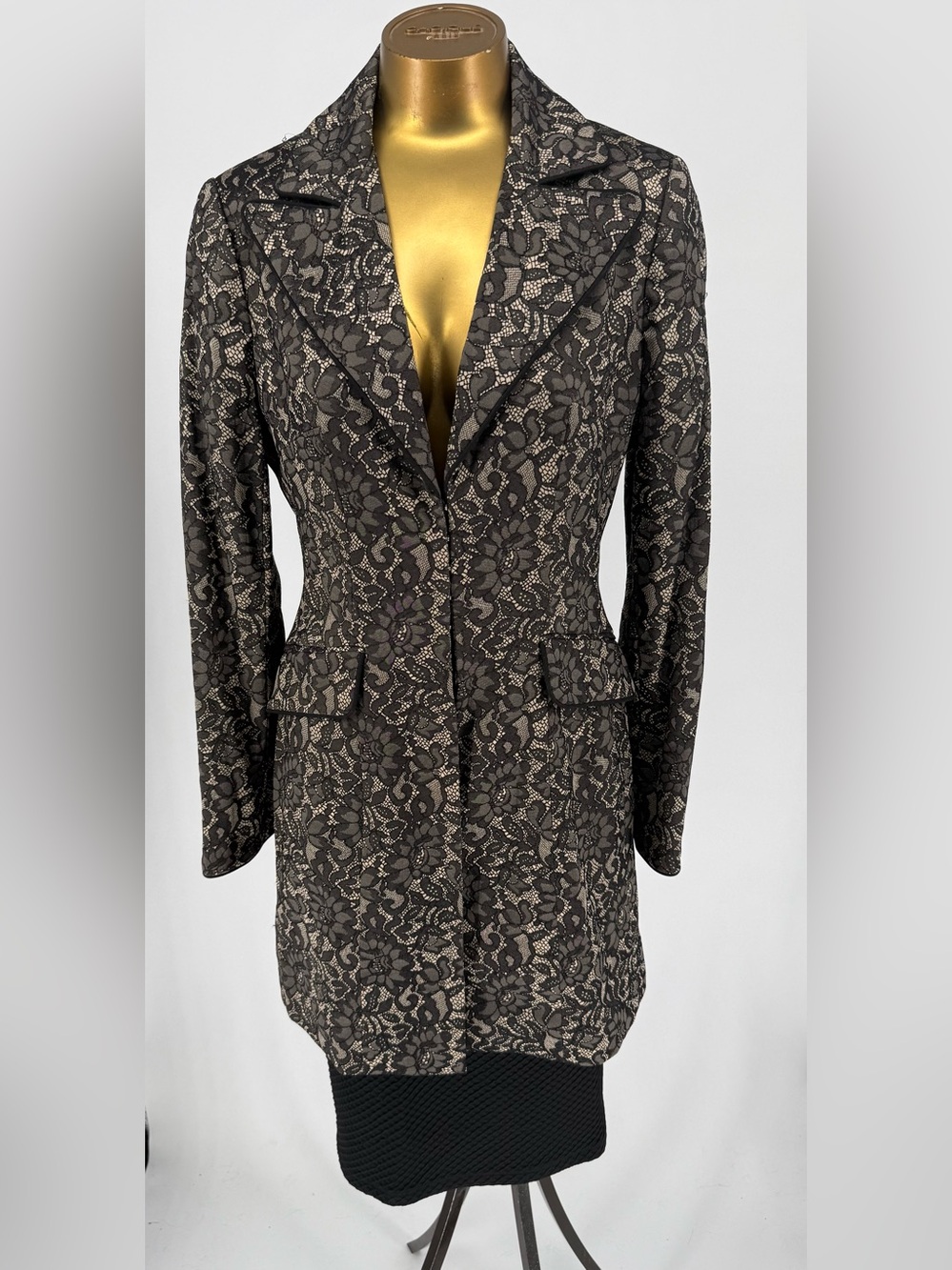 Bisou Bisou Lace-Overlay Long Blazer Jacket - Black & Taupe Size Medium